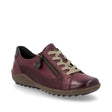 Remonte R1440 Women's Lace Up Shoe in Vino, deep red patterned leather, side zipper for easy on and off, insulated comfortable fall and witer shoes. Style #R1440-35