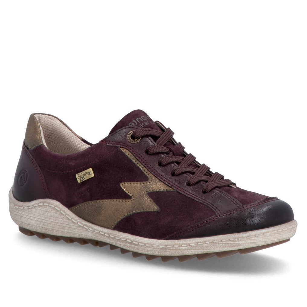 Burgundy suede shoe with metallic gold lightning accent, matching laces, and lightweight flexible sole. Style # R1443-35