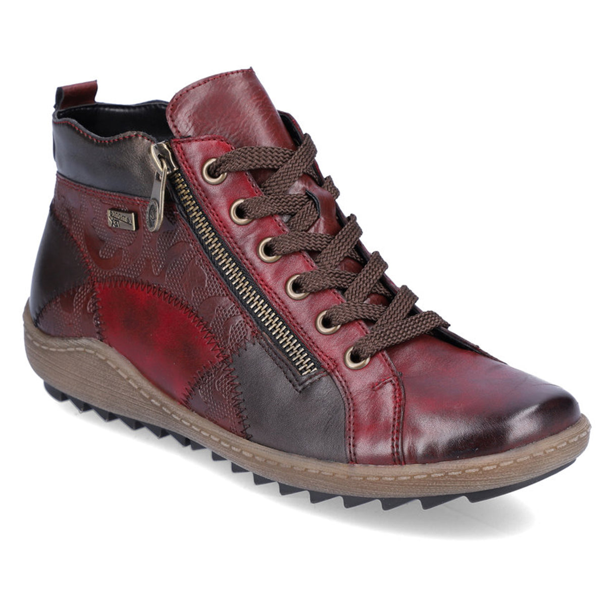 Remonte R1467 Women's Lace Up Boot in Vino patterned leather winter shoes with decorative stitching and side zipper front lace up closure. Style #R1467-35