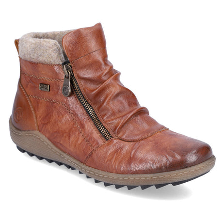 Remonte R1486 Women's Zip Boot in Brown, durable leather upeer, water resistant winter boots, comfortable all day wear side zipper. Style #R1486-22