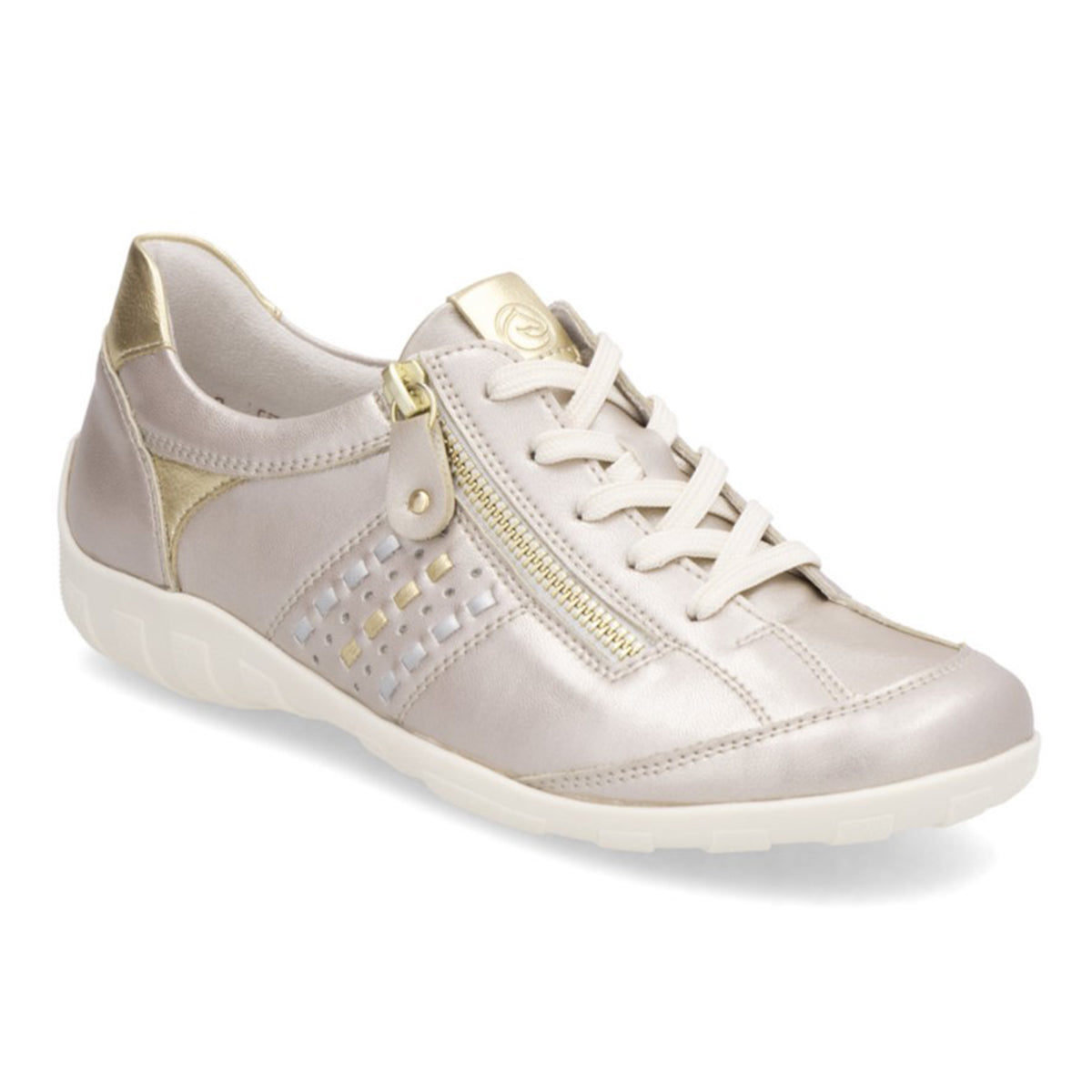 Remonte R3404 Lace Up Women's Shoe in Champagne, comfortable walking flats, side zipper gold accents and details. Style #R3404‑90