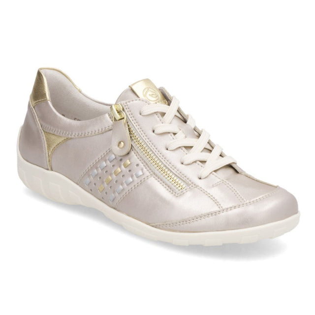 Remonte R3404 Lace Up Women's Shoe in Champagne, comfortable walking flats, side zipper gold accents and details. Style #R3404‑90