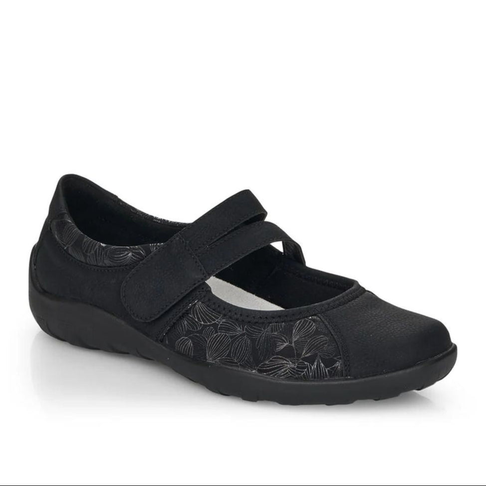 Remonte R3510 Women's Mary Jane Ballerina Flats, textile exterior, velcro closure comfortable all day walking flat. Style #R3510‑03