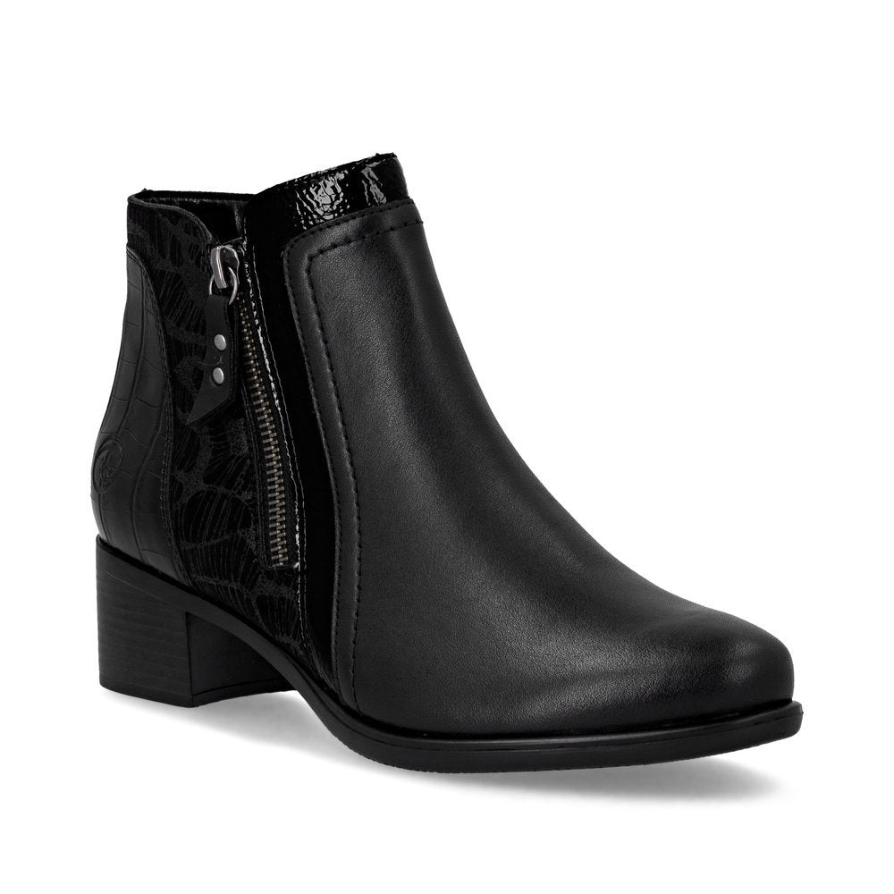 Remonte R5172 black leather dress boot with a low block heel, side zipper, and embossed croc detail on the back and side panel. R5172-00
