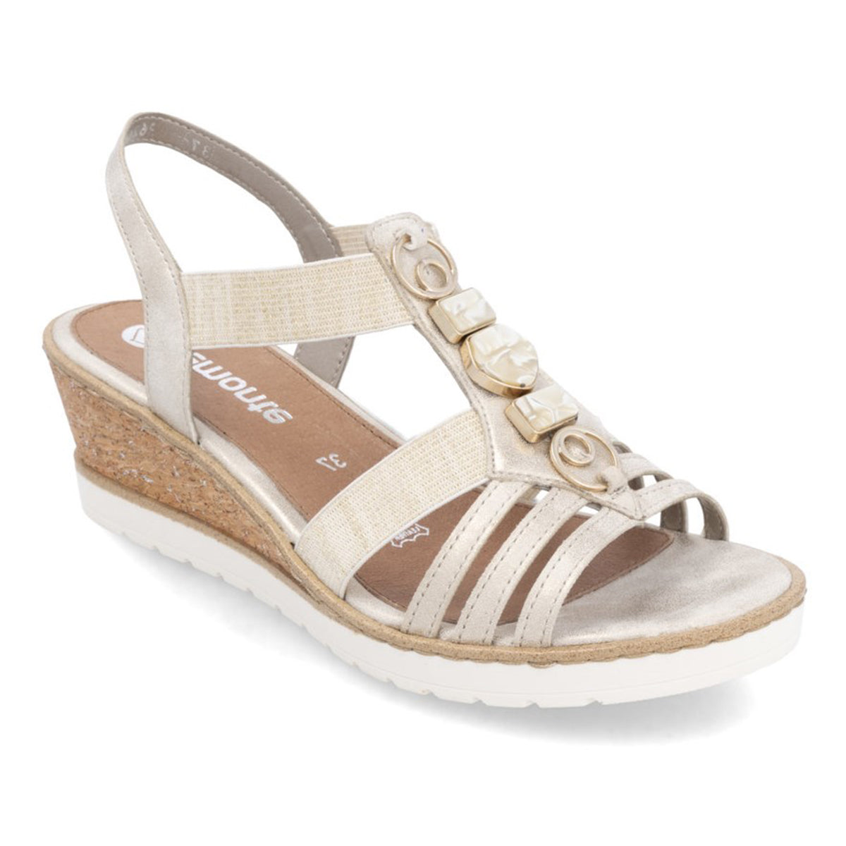 Remonte R6264 Women's Wedge Sandals, tan wedge sandals, strappy decorative hardware comfortable all day wear. Style #R6264‑91
