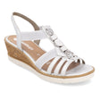 Remonte R6264 Women's Wedge Sandals, white strappy wedge sandals. Metal hardware decorative accents, silver stretchy slip on. Style #R6264-92