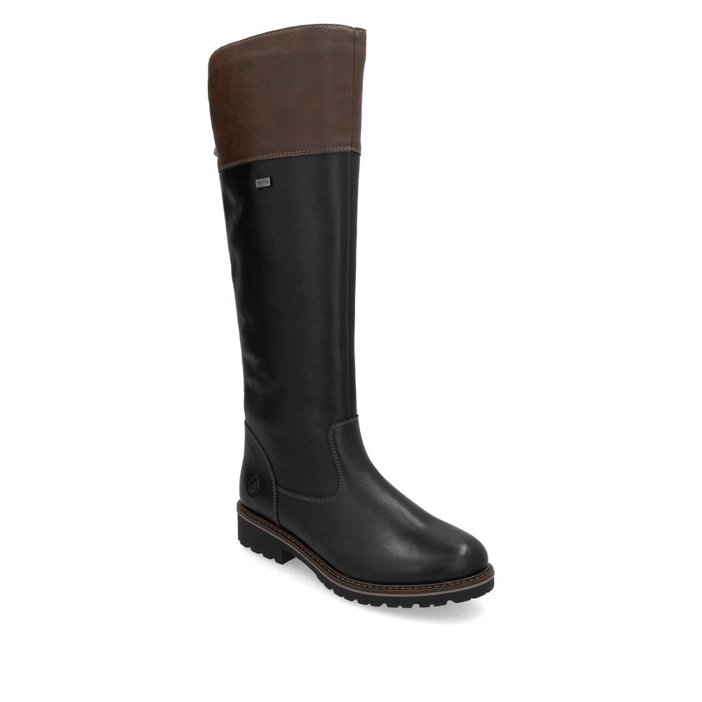 Remonte R5172 black leather ankle boot with a low block heel, side zipper, and embossed croc detail on the back and side panel. R6581-02