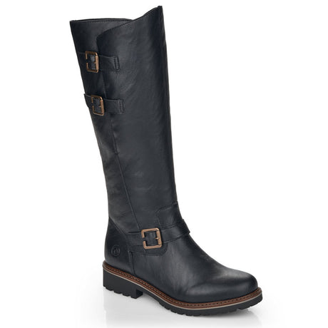 Remonte R6590 Women's Zip High Boots, tall leather boots with decorative bronze buckles. Style #R6590-01
