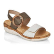 Remonte R6853 Women's Strap Sandals, double straps in white and brown, velcro and buckle closure.  Style #R6853-54