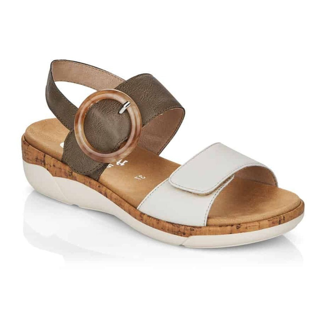 Remonte R6853 Women's Strap Sandals, double straps in white and brown, velcro and buckle closure. Style #R6853-54