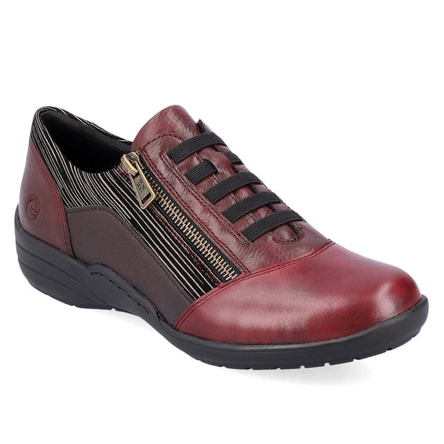 Remonte D7679 Women's Lace Zip Shoe in Vino, patterned leather red all day comfort walking shoes with elastic for secure fit and side zipper. Style #R7679-35