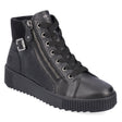 Remonte R7997 Women's Lace Up Boots, black pattern leather boots with side zipper, lace up closure and decorative buckle. Style #R7997-01