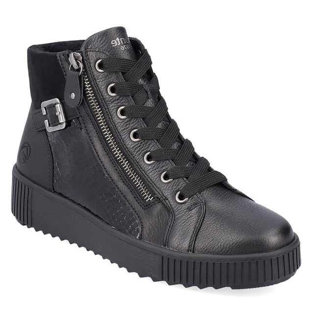 Remonte R7997 Women's Lace Up Boots, black pattern leather boots with side zipper, lace up closure and decorative buckle. Style #R7997-01