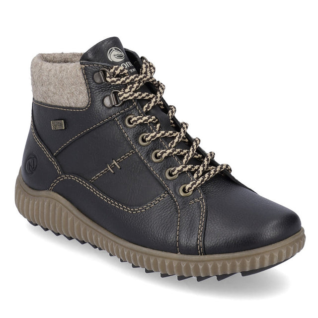 Remonte R8276 Women's Lace Up Boots, waterproof leather boots with decorative tan stitching. Comfortable all day wear + insulation for winter. Style #R7997-01