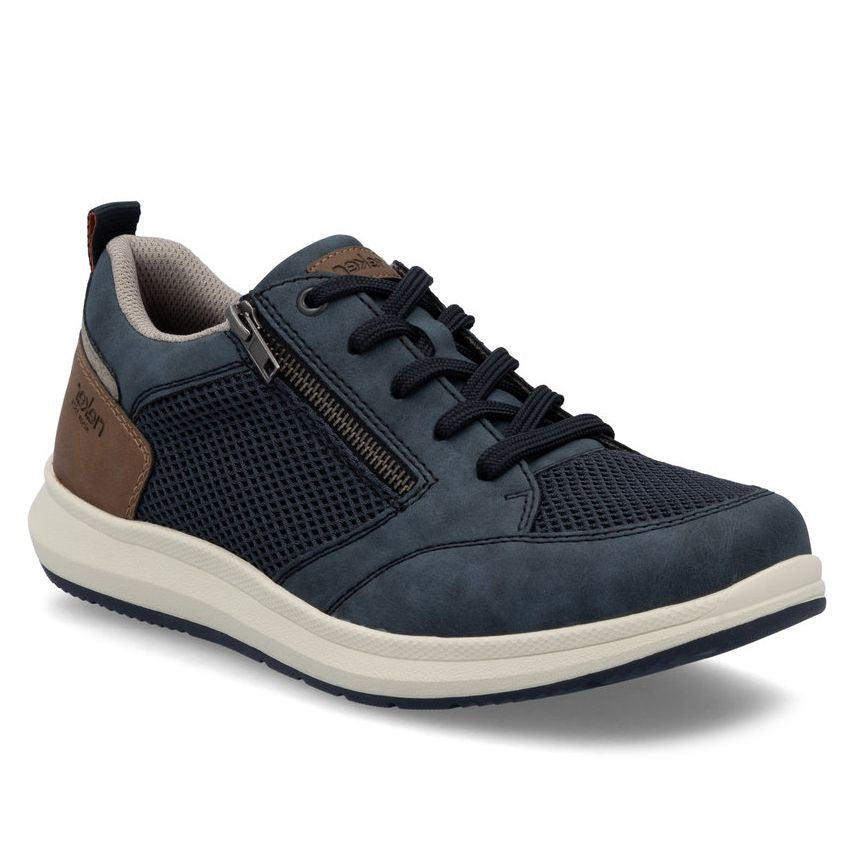 Navy blue leather and mesh sneaker with brown heel accent, functional side zipper, and white sport sole. Style #16901-14
