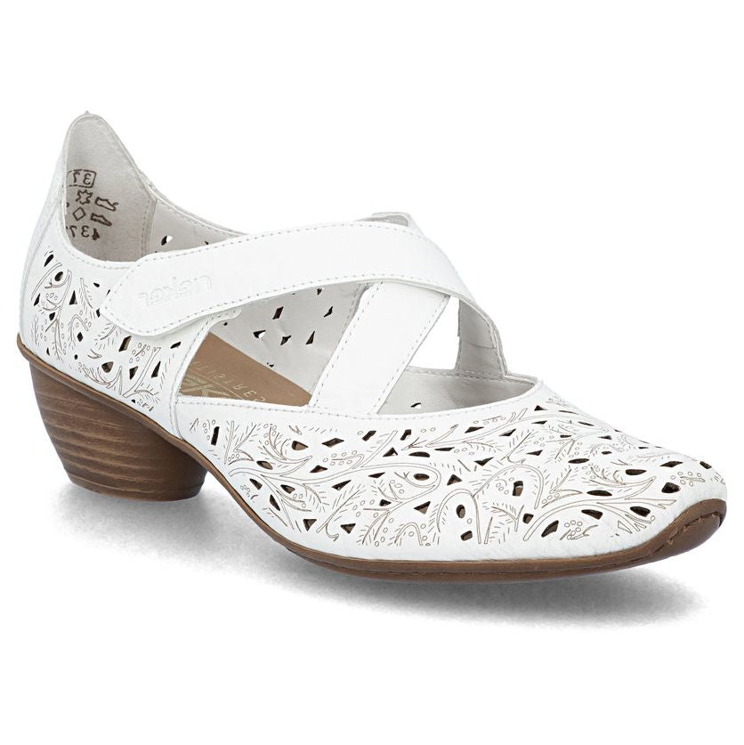 Women's white leather Mary Jane with laser-cut floral patterns, a crossover strap, and a stacked wood-look heel. Style #43773-80