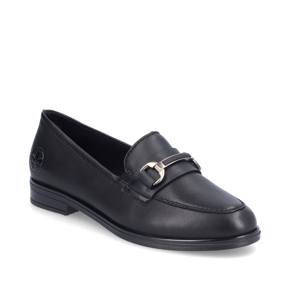 Black women’s smooth leather Lugano loafers with elastic band, decorative detail, grippy sole, and extra-soft cover sole. Style #46262-01