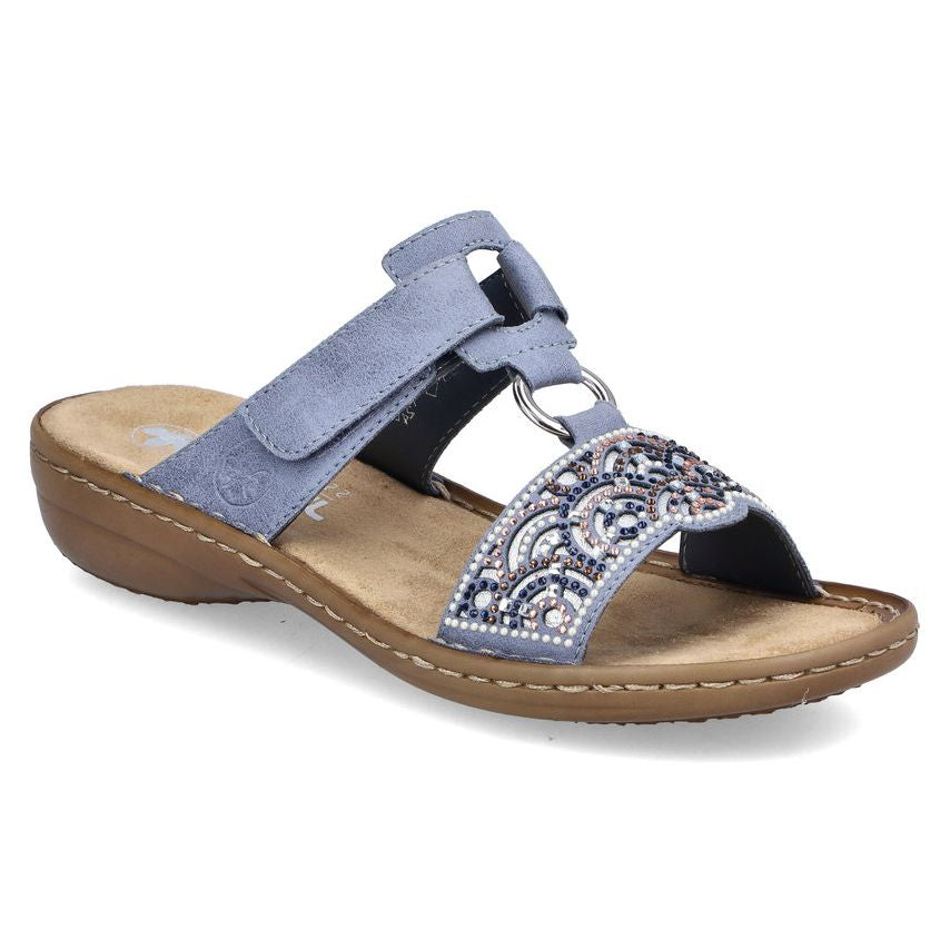 Blue sandal with ornate rhinestone cut-out detailing, adjustable velcro strap, and cushioned footbed. Style #608K2-12