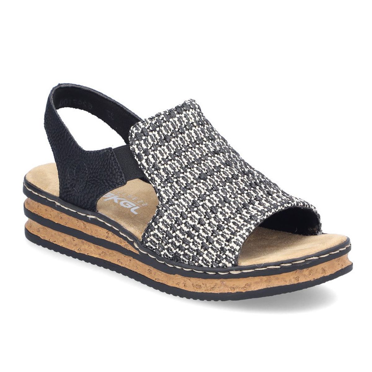 Rieker women’s low wedge sandal 62971-00 – side profile showing wedge heel and color contrast