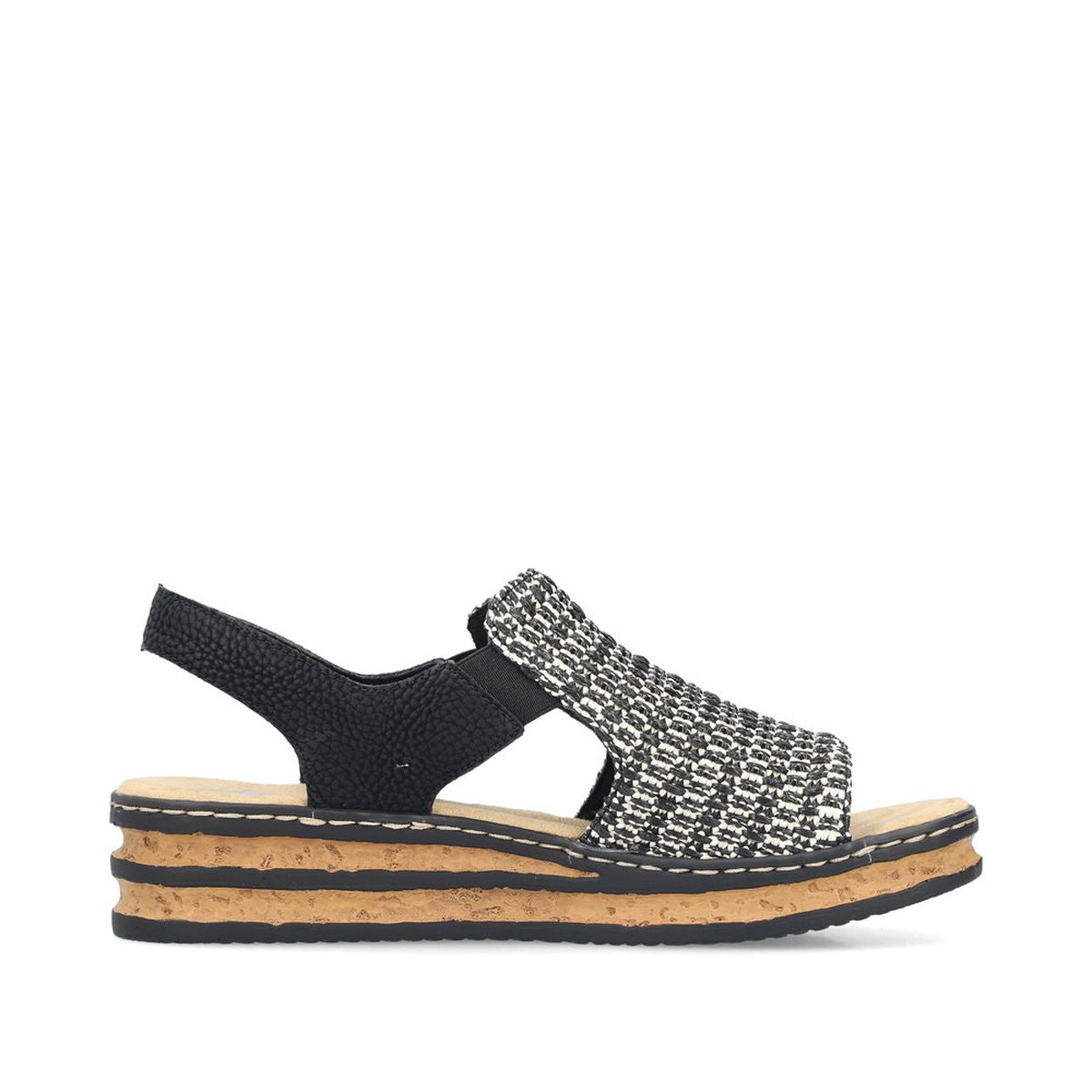 Rieker 62971-00 Low Wedge Sandal in Multi Black & Sand