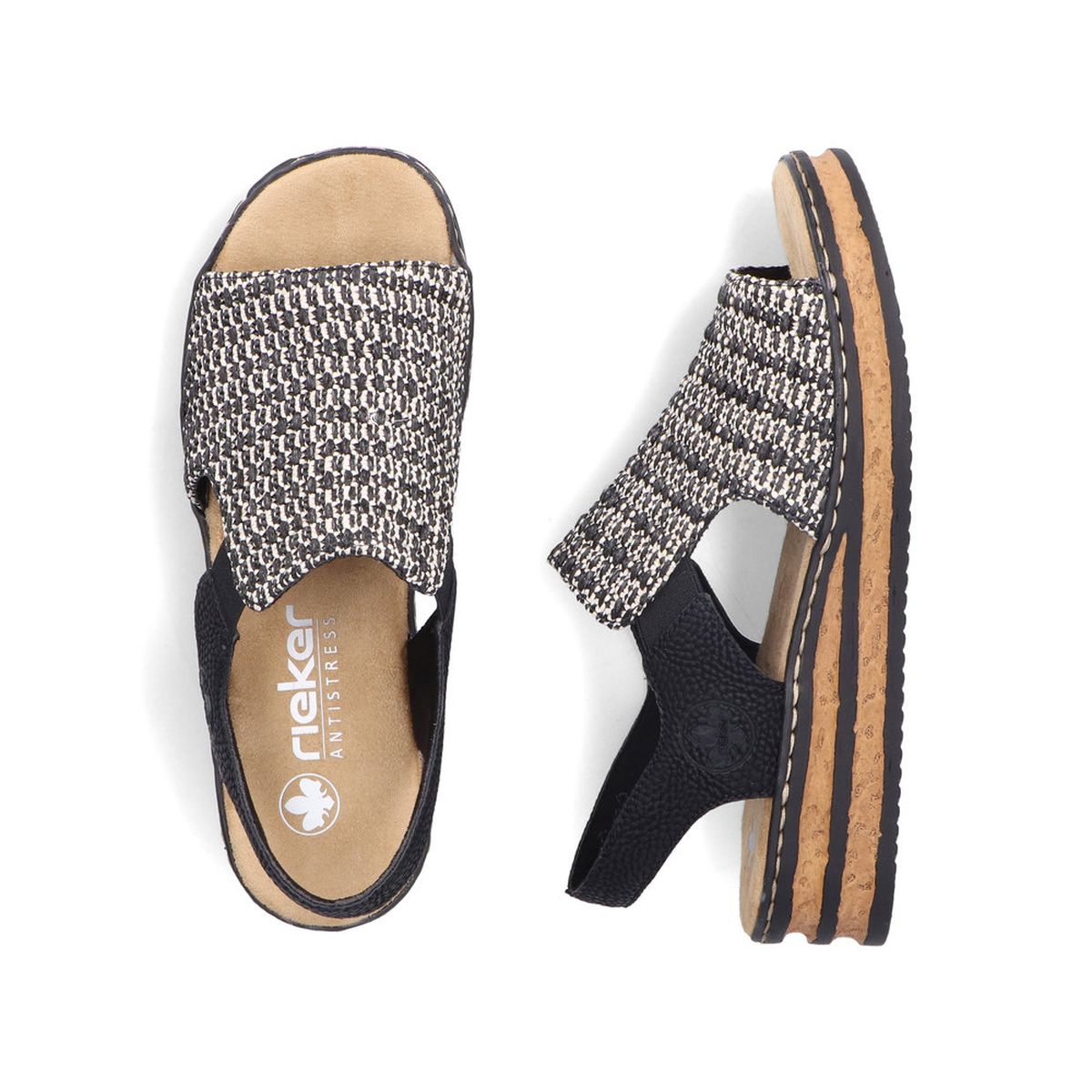 Rieker 62971-00 Low Wedge Sandal in Multi Black & Sand