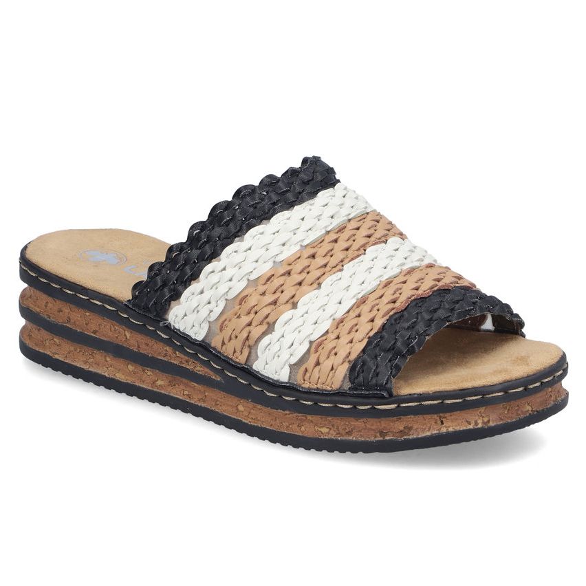 Women's slide sandal with black, white, and tan woven straps on a cork-textured platform wedge. Style #629P8-90