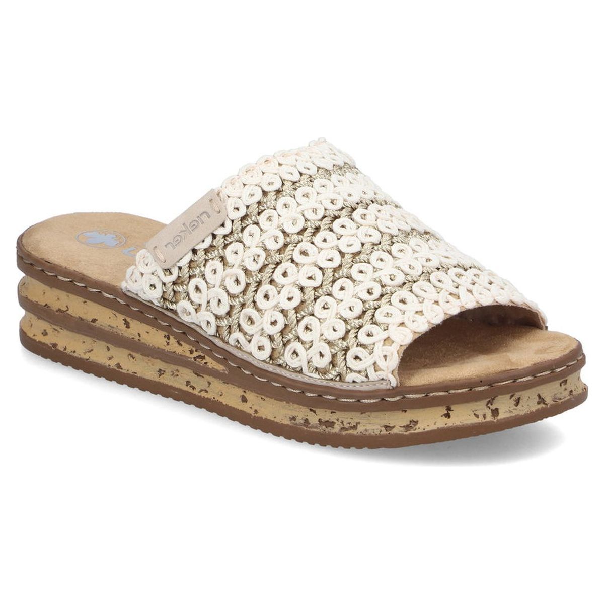 Women's beige slide sandal with a woven macramé strap and a tiered cork-patterned platform wedge sole. Style #629X8-60