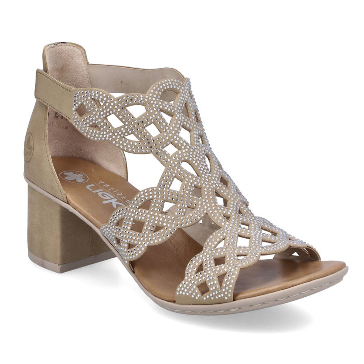 Rieker 64677-61 Morelia Women’s Low Heel Sandals in Porzella light beige with decorative faux crystal.