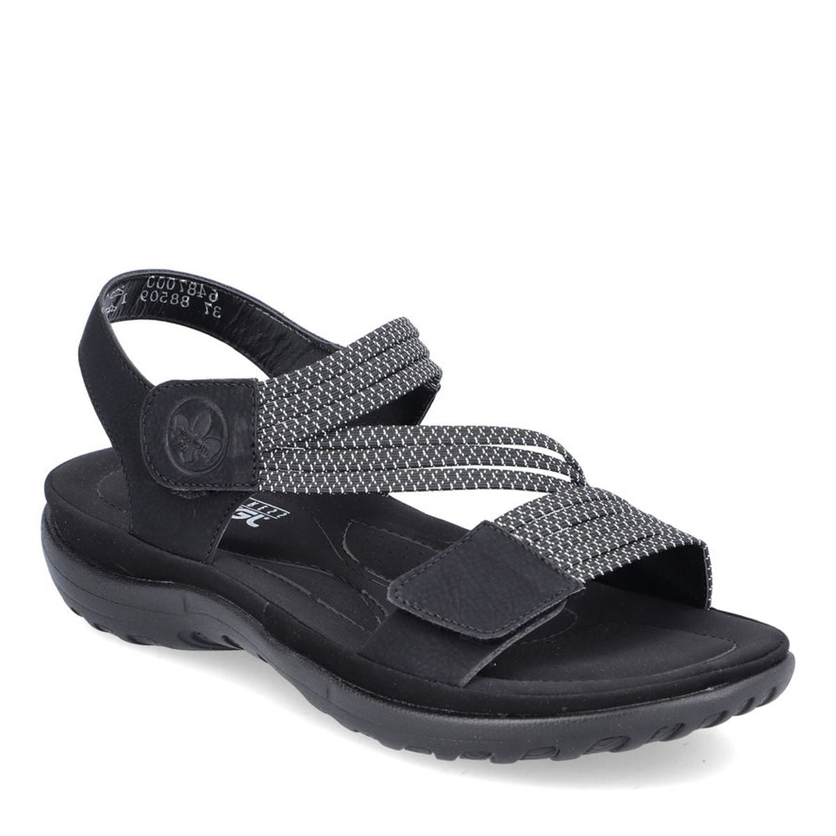 Women's black sandal with textured cross straps, Velcro closure, and a cushioned sole. Style #64870-00.