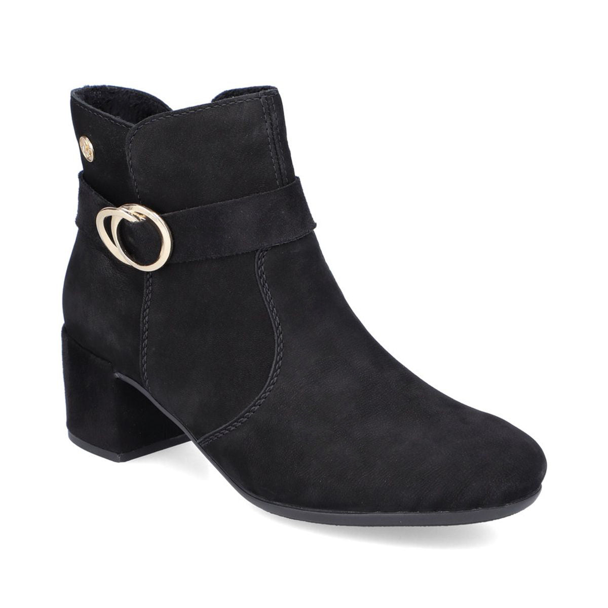 Black nubuck ankle boot with a low block heel, decorative gold-toned buckle on the strap, and side zipper closure. Style #70289-00.