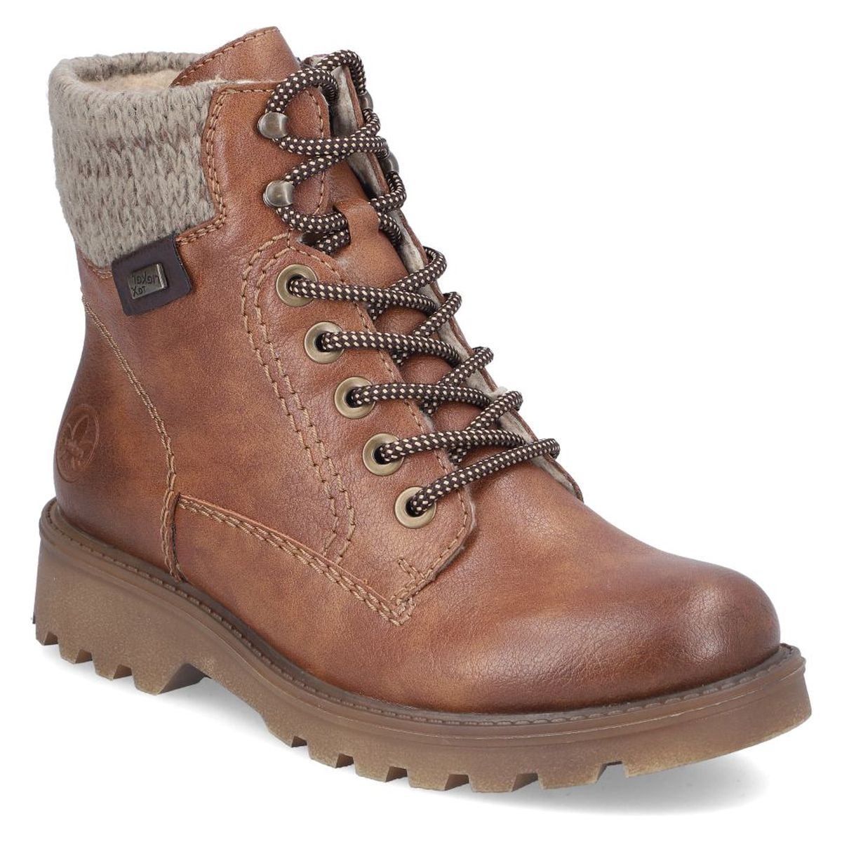 Rieker tan brown mid-height boot with grey knit collar, patterned laces, metal eyelets, and lugged rubber sole. Style #73220-24
