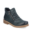Women’s blue-green ankle boot with ruched synthetic leather upper, side zipper, soft lining, and a low block heel on a textured sole. Style #73553-54