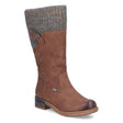 Rieker 94692 Women’s Dark Brown High Boots with synthetic leather upper, knit shaft collar, zipper closure, warm lining, 39mm heel, and grippy sole. RiekerTex Waterproof boot.
