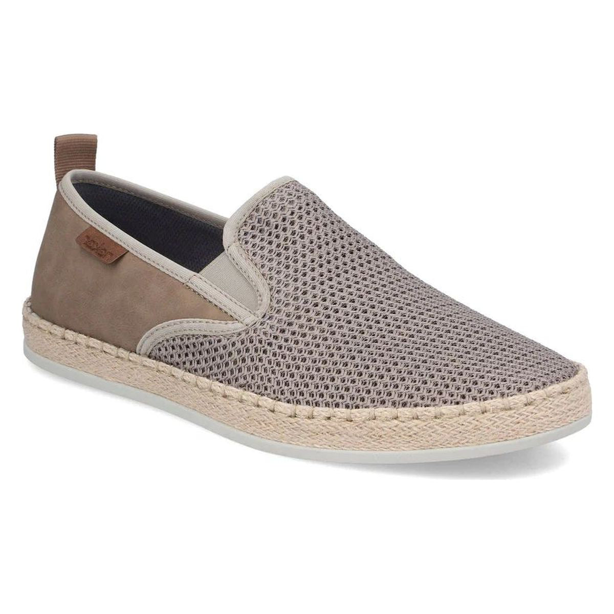 Men's beige knit slip-on shoe with a brown heel counter, espadrille jute midsole, and white rubber sole. Style #B2661-64