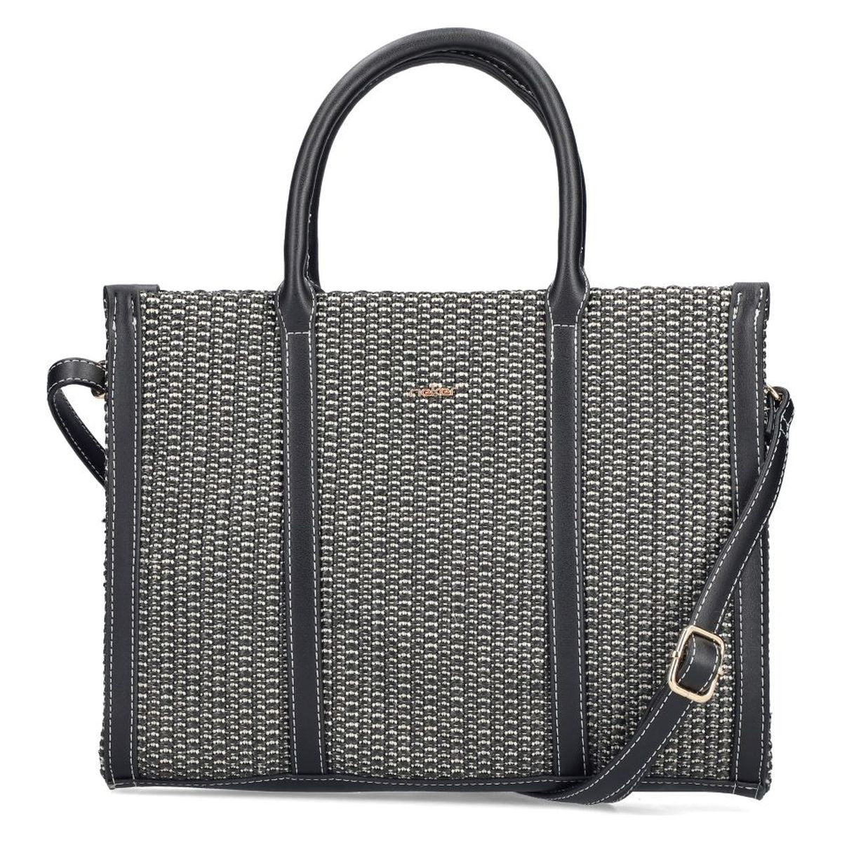 Women's black and white woven tote bag with black trim, double top handles, and adjustable shoulder strap. Style #H1013-92