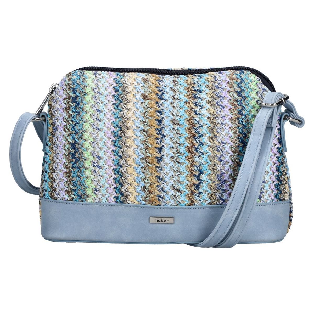 Women's blue multi-coloured woven stripe crossbody handbag with light blue base trim and shoulder strap. Style #H1510-90