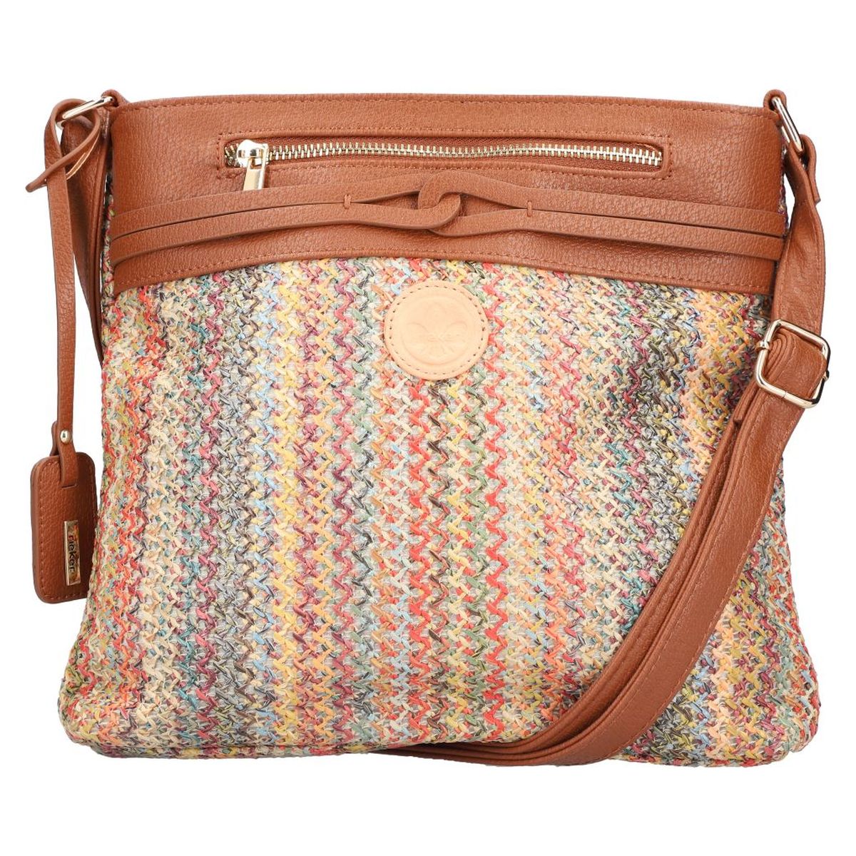 Women's brown crossbody bag with multi-coloured woven body, cognac faux-leather top trim, front zip, and strap. Style #H1519-90