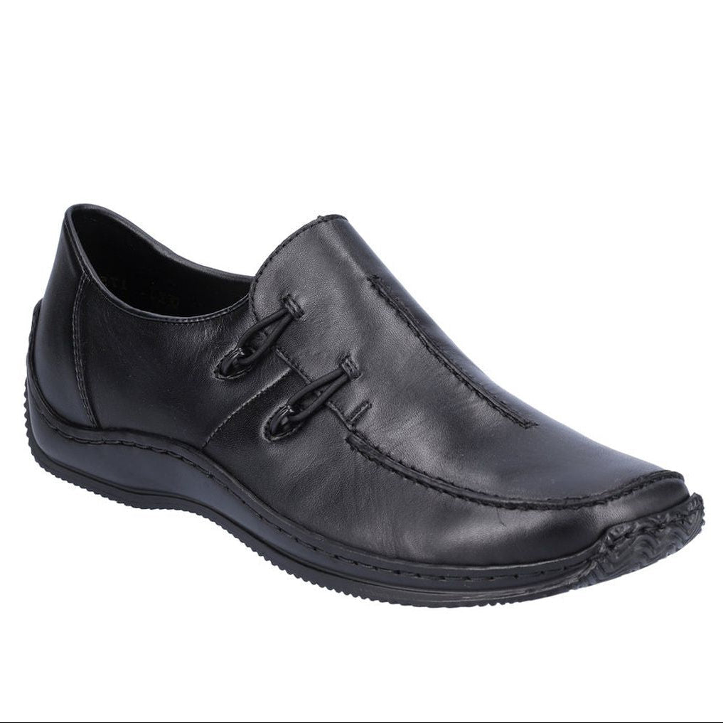A black slip-on casual shoe for women with smooth leather upper, featuring sleek stitching details and elastic loops on one side. It has a side zipper for fastening and a durable rubber sole. Rieker L1751-00