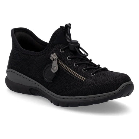 Black Rieker sneaker L32F1-00 with side zip detail and bungee laces. Casual comfort footwear.