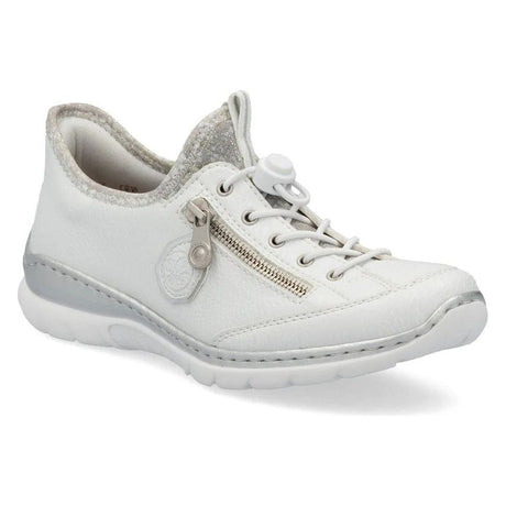 White Rieker sneaker L32F1-80 with side zip detail and bungee laces. Casual comfort footwear.