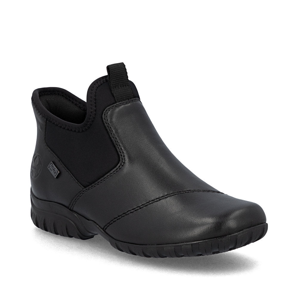 Rieker L4677 Ready2GO black women’s ankle boot with elastic collar. Hands free step in styling.