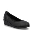 Rieker L5360 women’s black leather slip-on ballerina with 37 mm wedge heel, grippy anti-fatigue sole, and comfortable, easy slip-on design.
