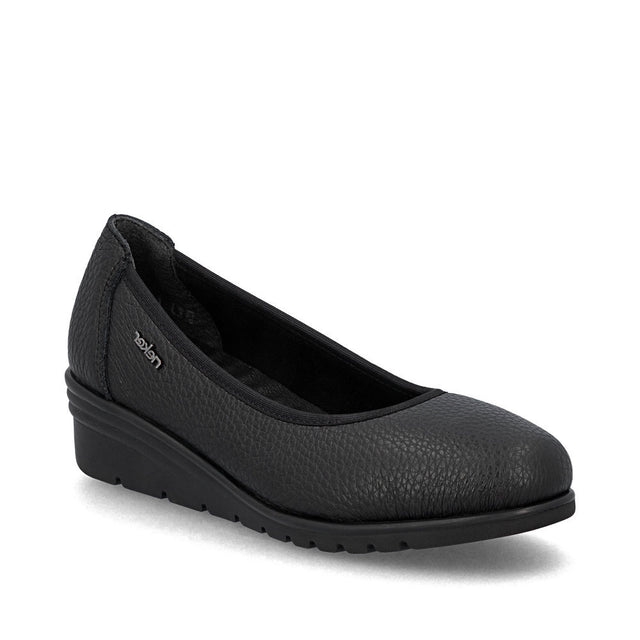 Rieker L5360 women’s black leather slip-on ballerina with 37 mm wedge heel, grippy anti-fatigue sole, and comfortable, easy slip-on design.