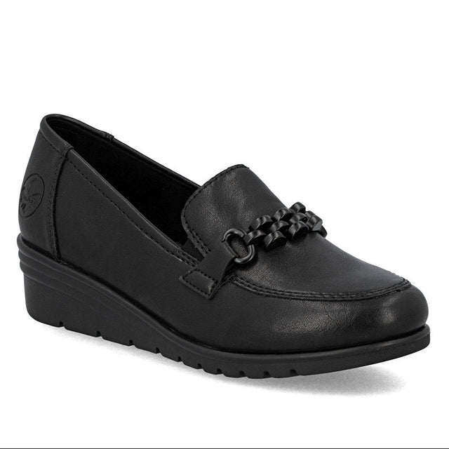 Rieker L5361 Women’s Black Loafers featuring synthetic leather upper, decorative chain, elastic fit, wedge heel, and anti-fatigue grippy sole.