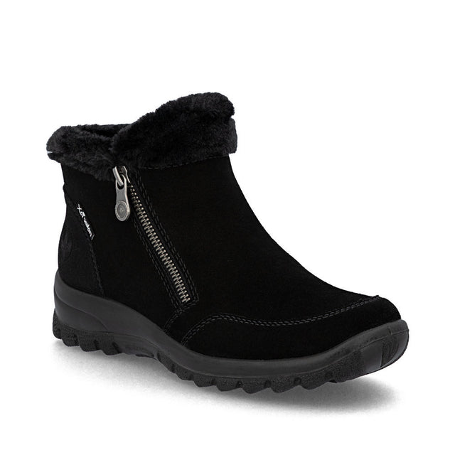Rieker L7188 Women’s Black Suede Ankle Boots with furry shaft edge, water-repellent RiekerTEX, zipper closure, wedge heel, and soft warm lining.