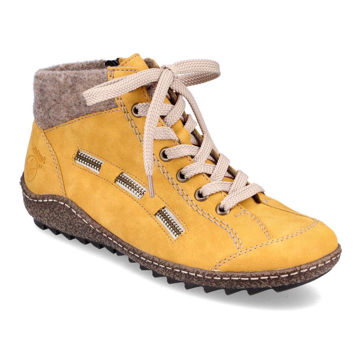 Rieker L7543-69 women's yellow leather ankle boot with front laces, side zippers, and a cozy faux fur cuff.