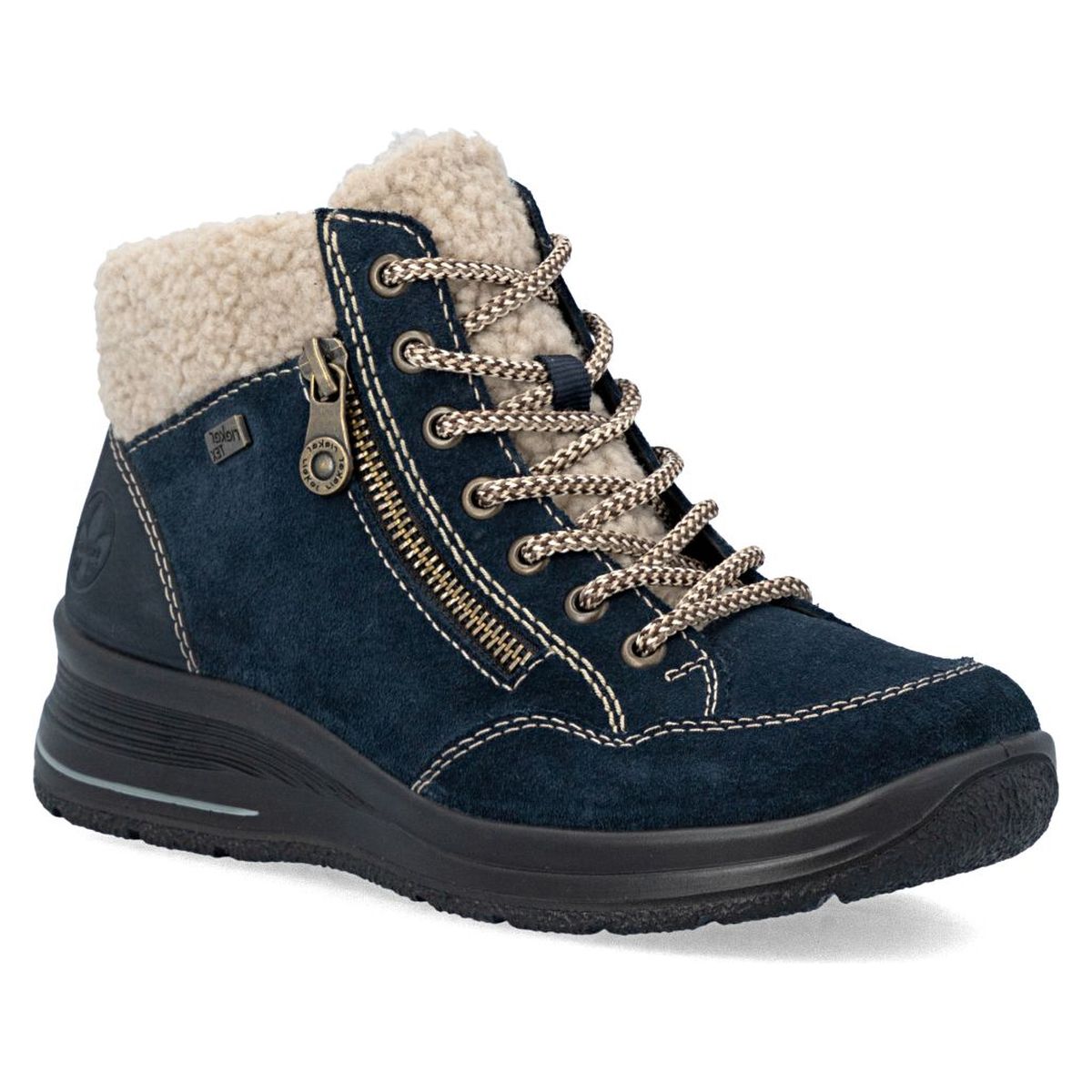 Rieker navy blue suede ankle boot with shearling collar, side zipper, contrast stitching, and laces. Style #L7701-14