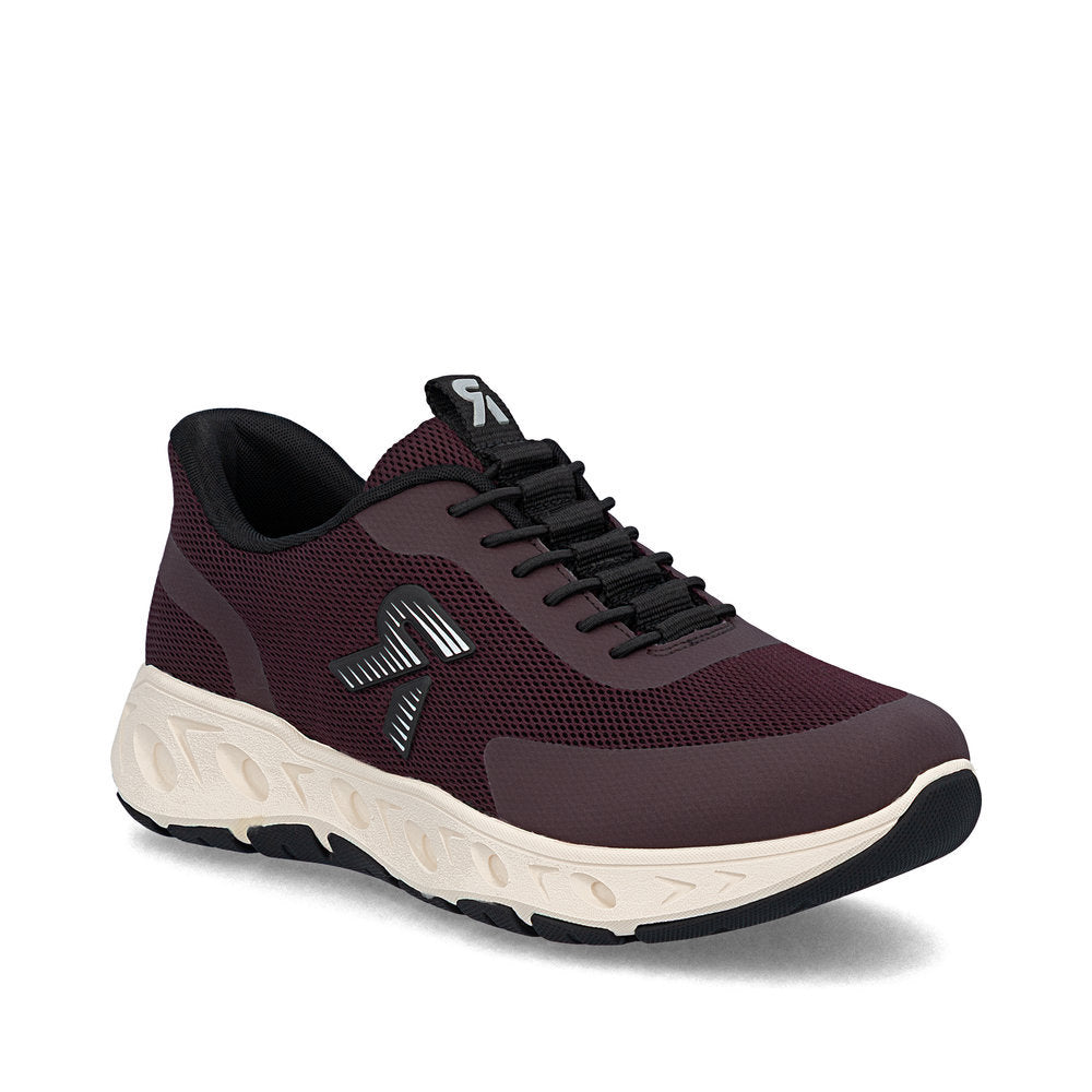 Rieker M6551-30 women's burgundy lace-up sneaker with a chunky white sole and black laces.