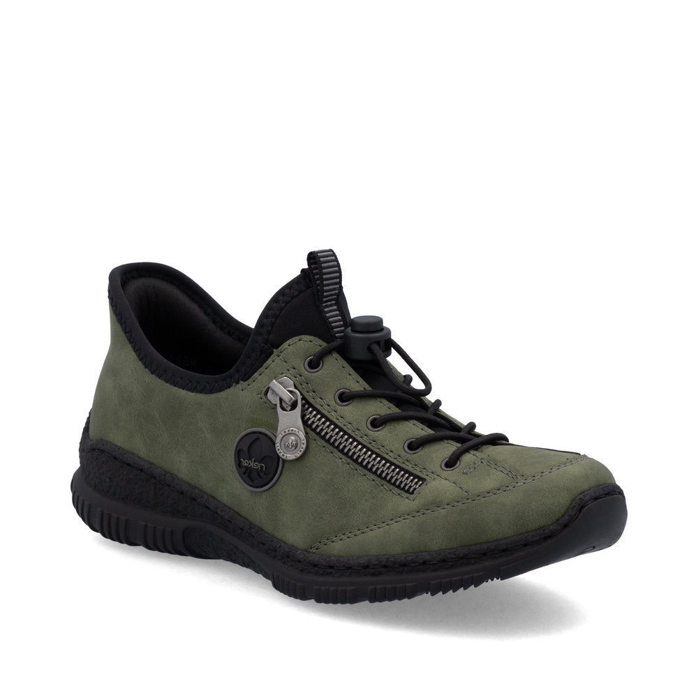 Rieker N3267-54 women's green sneaker with a side zipper, bungee laces, and black sole.