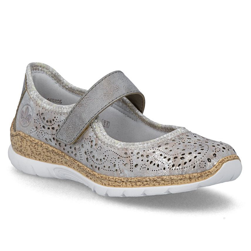 Silver summer shoe with decorative cutouts with a strap on a white background. Rieker Mary Jane style N4299-90.
